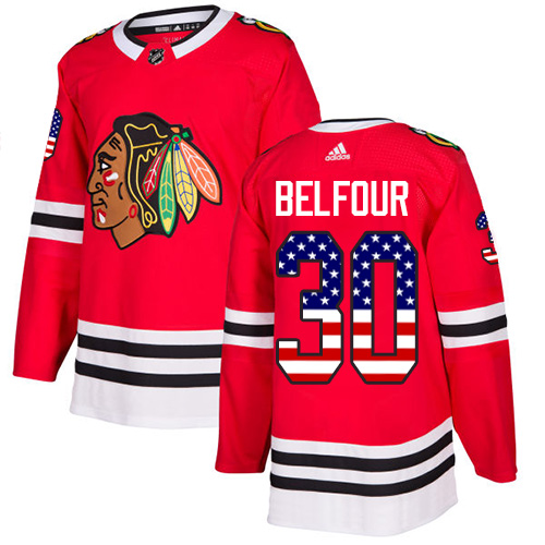 Adidas Blackhawks #30 ED Belfour Red Home Authentic USA Flag Stitched NHL Jersey